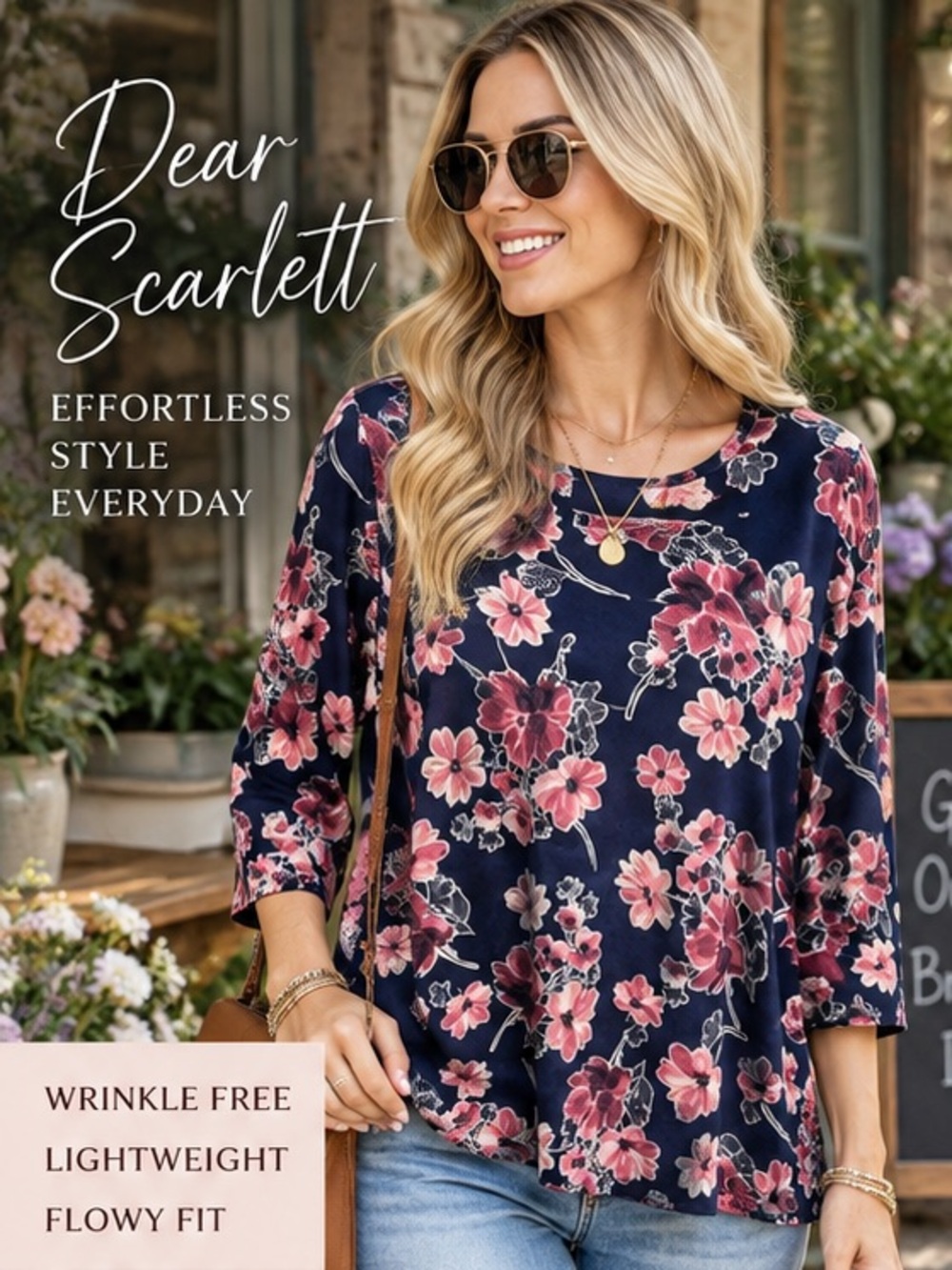 Dear Scarlett Large Navy Pink Floral Flowy Blouse Wrinkle Free